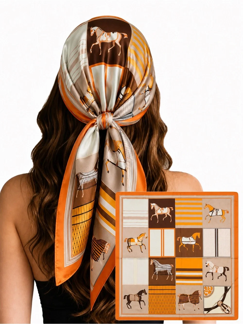 Silk Horse-Print Square Scarf - Orange & Brown